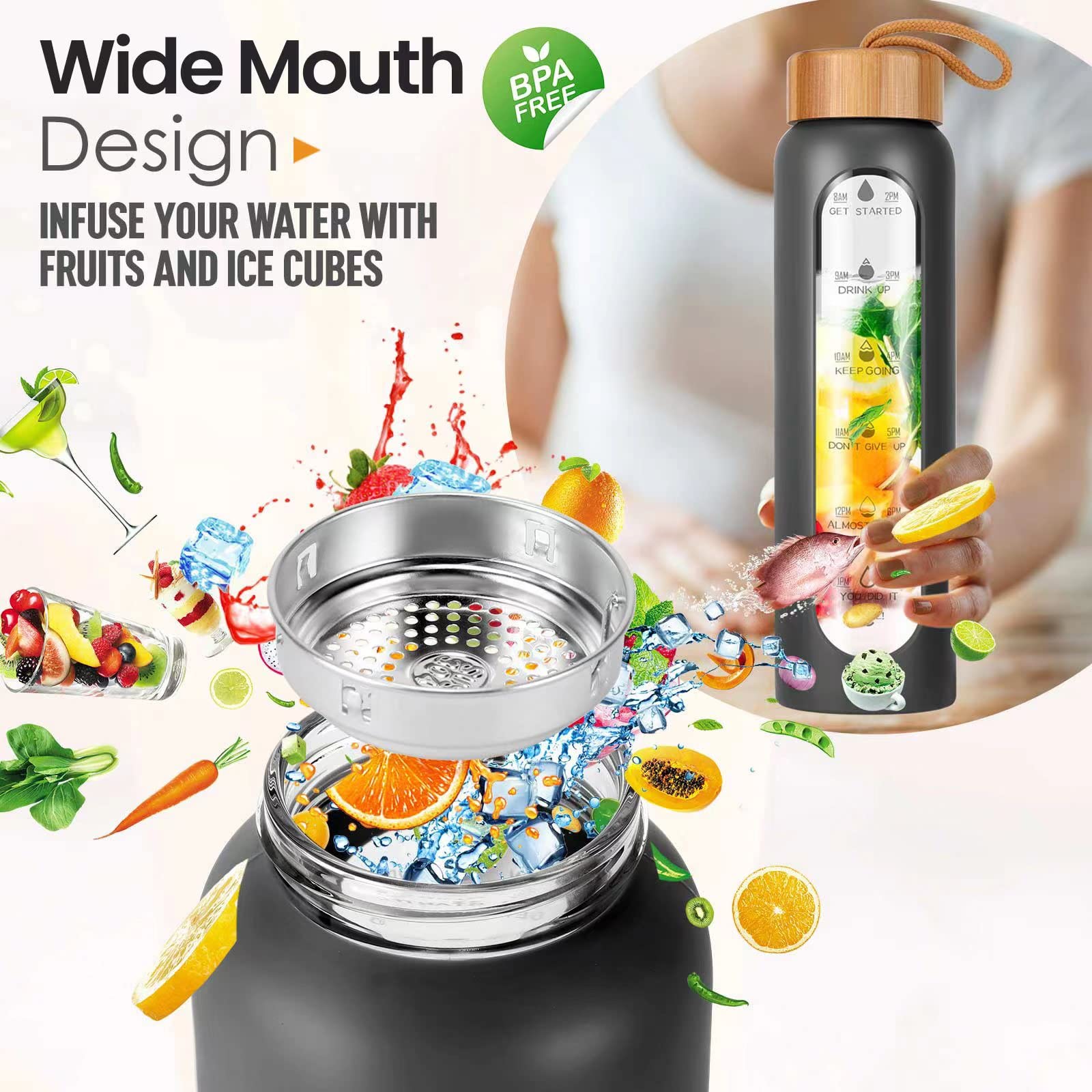 Aqulea Glass Water Bottles With Silicone Sleeve - Bpa Free Reusable Wide Mouth Glass Motivational Water Bottles With Fruit Infus